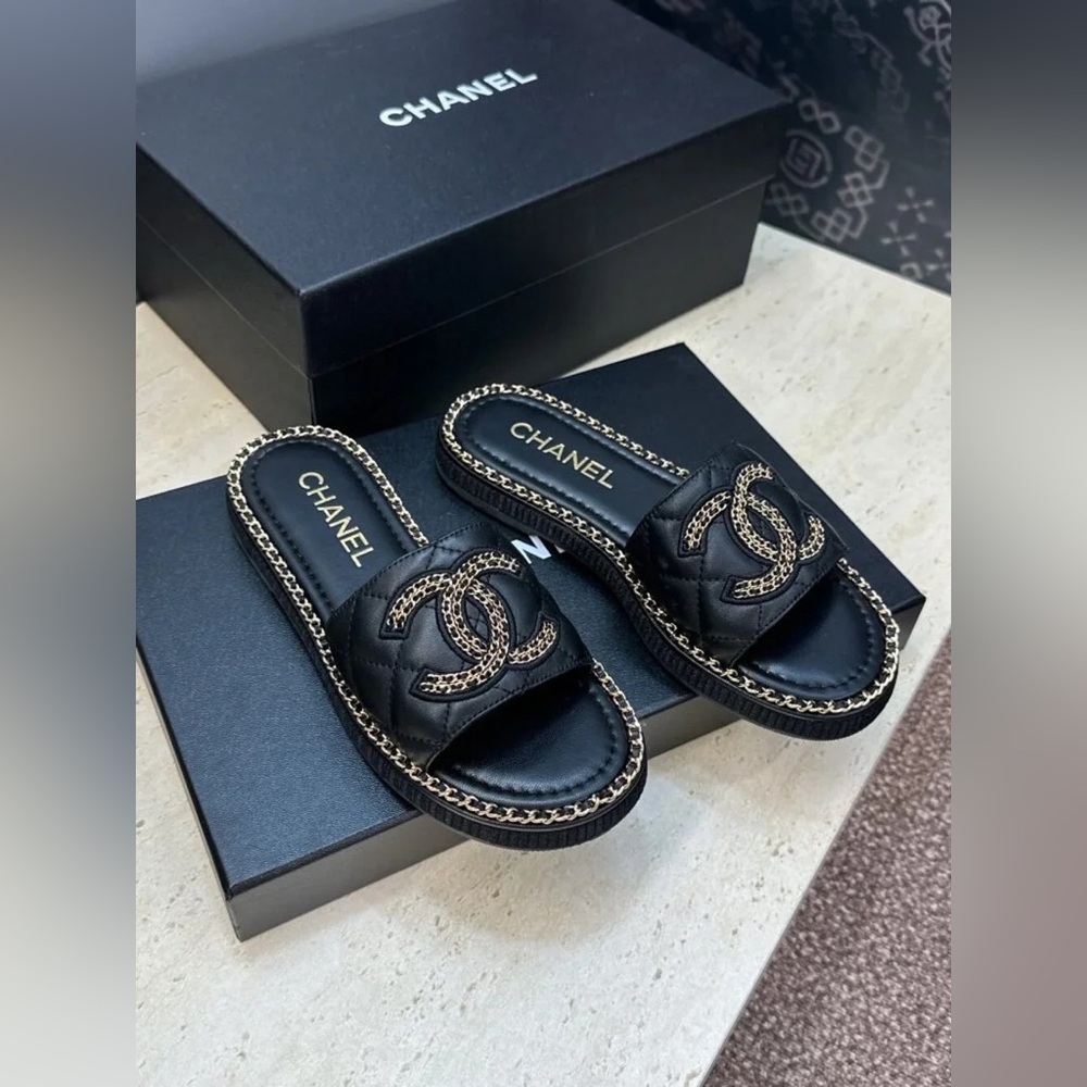 Chanel Quilted CC Logo Chain-Trim Slides